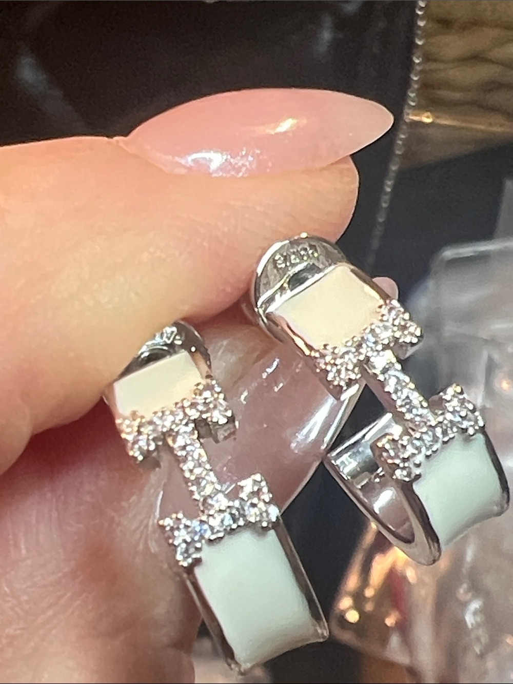 Silver Hoop Earrings with White Inlay and Crystal Accents